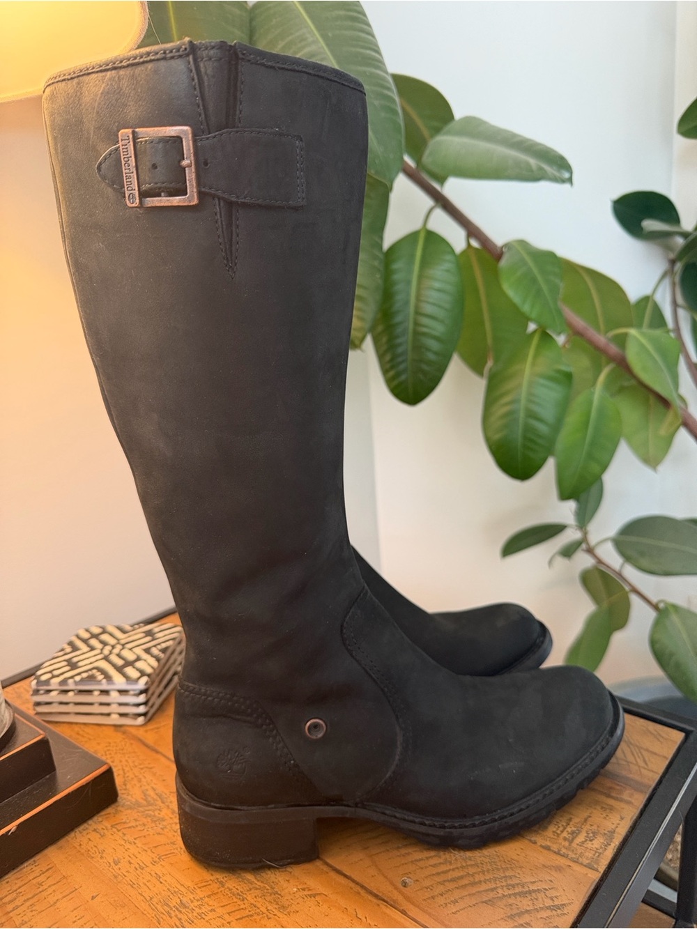 Timberland Women's Black Knee-High Buckle Leather Boots